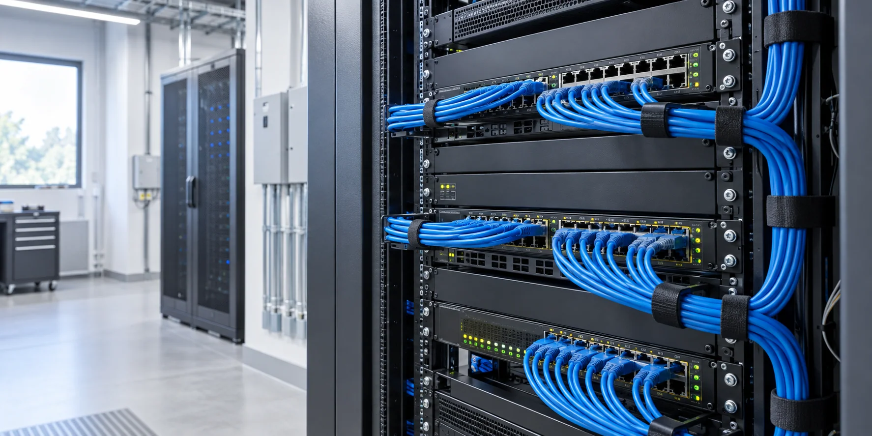 An illustrative business technology room with network equipment and organized cabling